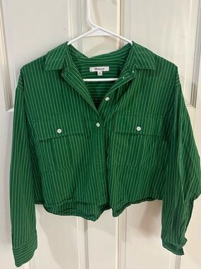 Madewell Green and White Striped Button-Down Top